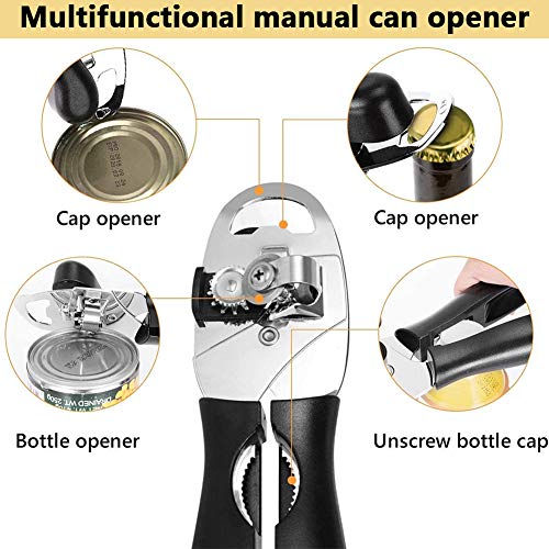 BETOY Abrelatas, Abrelatas Manual Acero Inoxidable 3 en 1 Abrelatas Manual Borde Liso Ultra Afilado, Mango Ergonómico para Restaurantes, Cocinas, Picnics, Barbacoas, Fiestas, Bares, Negro,119.5x7.5cm