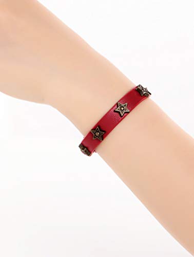 Beydodo Pulsera de Acero Inoxidable Mujer Pulseras Cuero Negra Pulsera Estrella Brazalete Cuero Ancho Mujer Pulsera Rojo