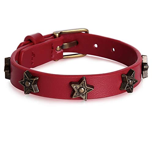 Beydodo Pulsera de Acero Inoxidable Mujer Pulseras Cuero Negra Pulsera Estrella Brazalete Cuero Ancho Mujer Pulsera Rojo