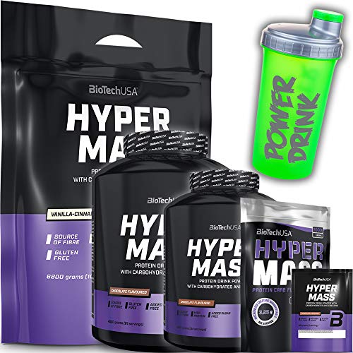 Biotech USA Hyper Mass 6800 g bolsa Chocolate – hidratos de carbono, proteínas y ácidos grasos esenciales + C.P.Sports batidora de proteínas de 700 ml