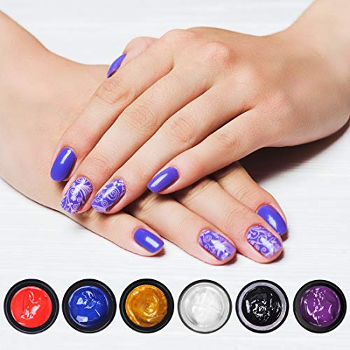 Biutee Gel de Estamping 6 cajas Esmalte para Stamping de 8ml Sellar en Lampara Color de Negro,Blanco,Dorado,Azul,Rojo y Violeta