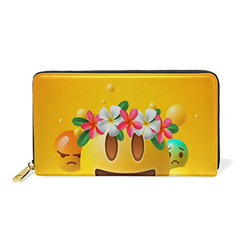 BKEOY - Cartera de Piel auténtica con Cremallera, diseño de emoticonos de Flores