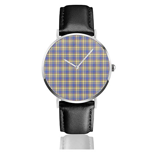 Blaue kontrolle Tartan Muster Reloj de Pulsera con Correa de Piel, Casual, clásico, de Acero Inoxidable, Cuarzo, para Negocios