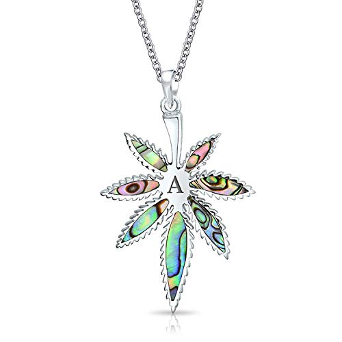 Bling Jewelry Personalizado Marihuana Weed Hoja Dangle Colgante Arco Iris Abalone Concha Inlay Collar de Plata esterlina Grabado a Medida