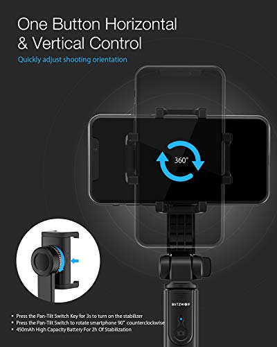 BlitzWolf Palo Selfie Trípode Estabilizador One-Axis Gimbal Estabilizador con Equilibrio Automático Antivibración, Seflie Stick Bluetooth para iPhone Samsung Huawei Android(Negro)