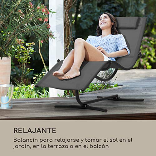 blumfeldt Nantes Tumbona Mecedora - Base de Acero Tubular Robusto, Recubrimiento de Polvo, Ergonómica, Base oscilante, Permeable, Carga máx. 150 kg, Almohada incluída, Protección antivuelco, Gris