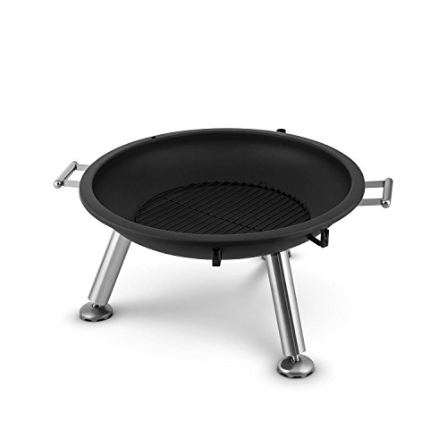 blumfeldt Turion - Barbacoa de carbón Colgante (80 cm diametro, manivela para Ajustar Altura Parrilla, tracción de Cable, Mesa Auxiliar Madera, Soporte Cubiertos, Grill Acero Inoxidable)