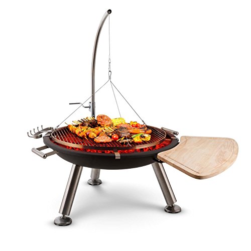 blumfeldt Turion - Barbacoa de carbón Colgante (80 cm diametro, manivela para Ajustar Altura Parrilla, tracción de Cable, Mesa Auxiliar Madera, Soporte Cubiertos, Grill Acero Inoxidable)