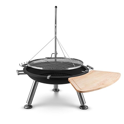 blumfeldt Turion - Barbacoa de carbón Colgante (80 cm diametro, manivela para Ajustar Altura Parrilla, tracción de Cable, Mesa Auxiliar Madera, Soporte Cubiertos, Grill Acero Inoxidable)