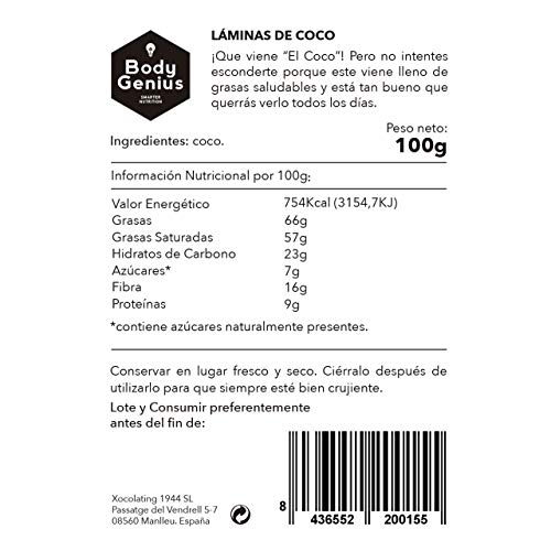 BODY GENIUS Coco Chips. 100g. Láminas de Coco Finas y Crujientes. 100% Natural. Sin azúcar. Ideal Como Snack y para Recetas. Ideal Para Deportistas.