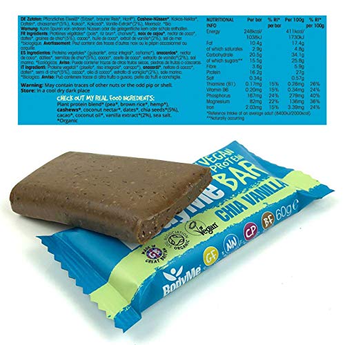 BodyMe Barritas Proteinas Veganas Organica | Cruda Chia Vainilla | 60g x 12 Barra Proteina Vegana | Sin Gluten | 16g Proteína Completa | 3 Proteina Vegetal | Aminoacidos Esenciales | Vegan Protein Bar