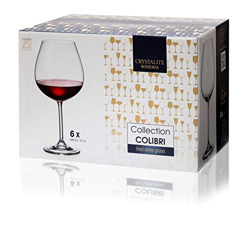 Bohemia - Juego de 6 copas de vino de cristal blanco o tinto de 650 ml, caja de regalo de cristal puro, apto para lavavajillas, transparente perfecto para el hogar, restaurantes y fiestas.