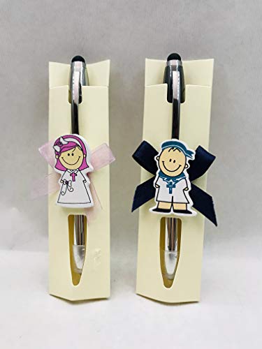 Bolígrafos GRABADOS para invitados a boda, bautizo o comunión (pack de 15 unidades) Boli+puntero táctil móvil+linterna PERSONALIZADO y decorado.
