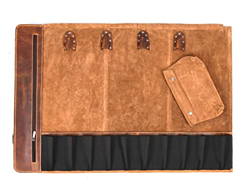 Bolsa de almacenamiento para cuchillos de cuero, elástica y expansible, 10 bolsillos, correa ajustable y desmontable, rollo de funda para cuchillos de chef de Aaron Leather