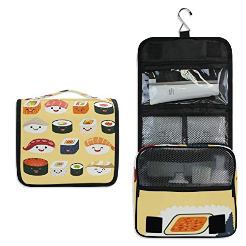 Bolsa de aseo con diseño japonés de sushi, ideal para viajes, cosméticos, para colgar, bolsa de maquillaje, multifunción, bolsa de almacenamiento portátil para mujeres y niñas