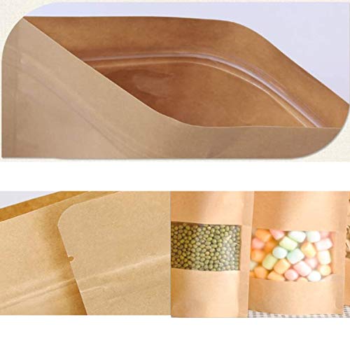 Bolsa de Papel Kraft con Ventana,Jicyor 120Pcs Marrón Reutilizables Cremallera Auto Sellante Stand Up Impermeables con Ventana Transparente Bolsa de Papel Kraft para Fruta Dulces Galleta Sándwichera