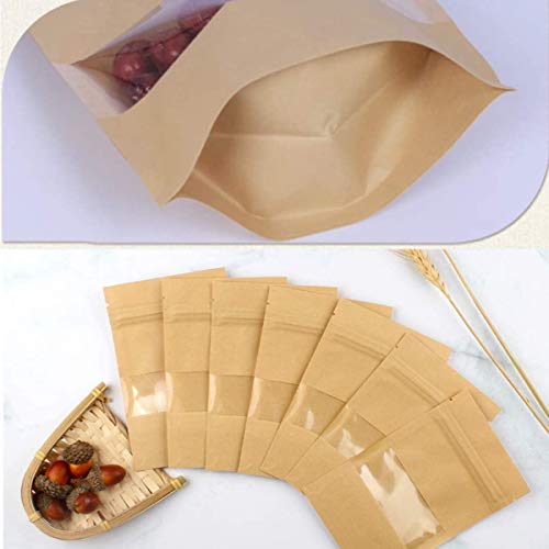 Bolsa de Papel Kraft con Ventana,Jicyor 120Pcs Marrón Reutilizables Cremallera Auto Sellante Stand Up Impermeables con Ventana Transparente Bolsa de Papel Kraft para Fruta Dulces Galleta Sándwichera