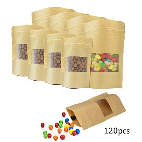 Bolsa de Papel Kraft con Ventana,Jicyor 120Pcs Marrón Reutilizables Cremallera Auto Sellante Stand Up Impermeables con Ventana Transparente Bolsa de Papel Kraft para Fruta Dulces Galleta Sándwichera