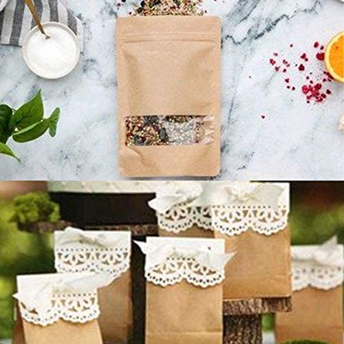 Bolsa de Papel Kraft con Ventana,Jicyor 120Pcs Marrón Reutilizables Cremallera Auto Sellante Stand Up Impermeables con Ventana Transparente Bolsa de Papel Kraft para Fruta Dulces Galleta Sándwichera