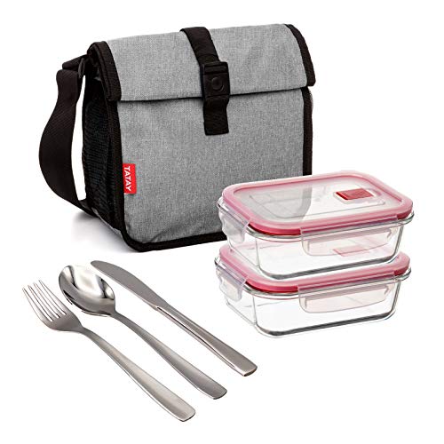 Bolsa Térmica Porta Alimentos TATAY Urban Food Roll&Go Denim Grey con 2 Contenedores Cook&Eat de 0.64L en Vidrio Borosilicato y Cubiertos Basic Niquel-Free