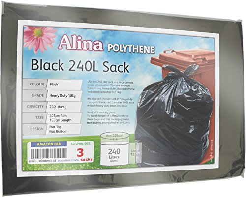 Bolsas de basura Aline de 240 L, para cubo con ruedas, resistentes, de polietileno negro, polietileno, 3 sacks
