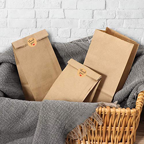 Bolsas de papel Kraft de 100 piezas, bolsas de sándwich marrón a prueba de aceite de 3.5 x 2.2 x 7 pulgadas Bolsa de supermercado con 108 piezas de pegatinas de agradecimiento para llevar