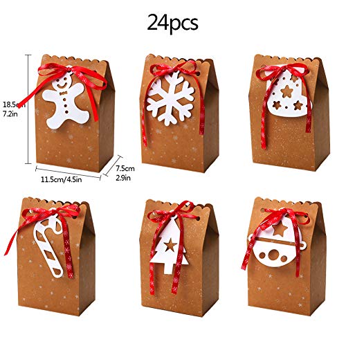 Bolsas de regalo de Navidad, 24 piezas Bolsas de papel Kraft Bolsas de regalos para fiestas de Navidad Bolsas de golosinas Cajas de papel de caramelo con cintas Bolsas de vacaciones para Navidad