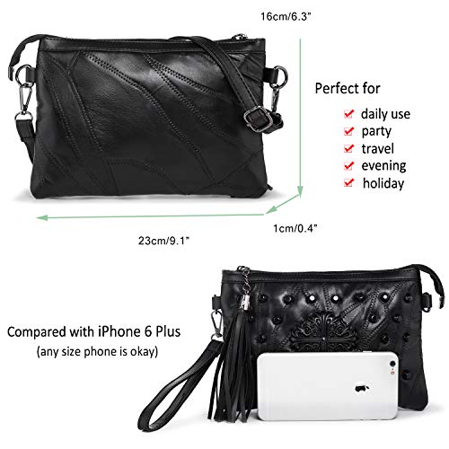 Bolso Bandolera Mujer Pequeño Bolso de Mano con Remache y Borla Bolso de Hombro de Boda Noche Bolsa del Teléfono, Asa y Correa, Negro