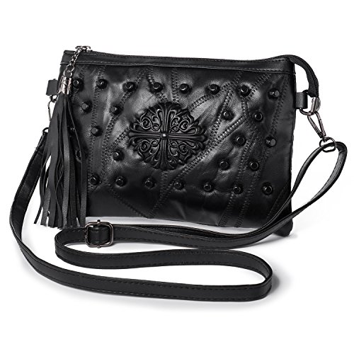 Bolso Bandolera Mujer Pequeño Bolso de Mano con Remache y Borla Bolso de Hombro de Boda Noche Bolsa del Teléfono, Asa y Correa, Negro