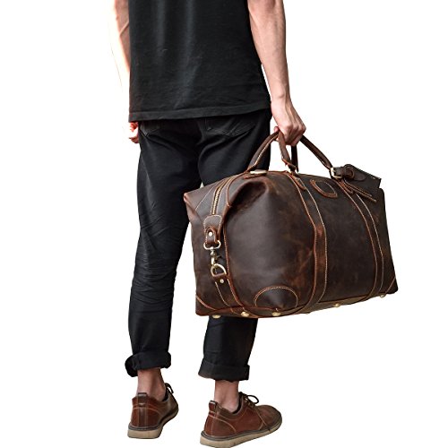 Bolso de Lona, Bolso de Viaje de Cuero Genuino de los Hombres Bolso de Cuero de Grano Superior Bolso de Fin de Semana de la Vendimia de Alta Capacidad de Cuero (Dark Brown)