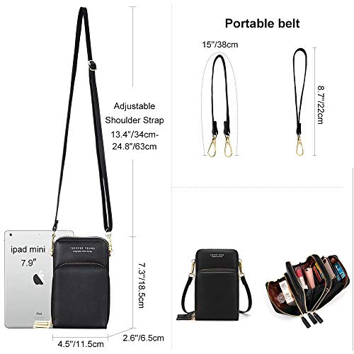 Bolso de teléfono móvil para mujer Monedero de cartera cruzada Mini bolso de teléfono celular cruzado de cuero ligero con ranuras para tarjeta de correa(Negro)