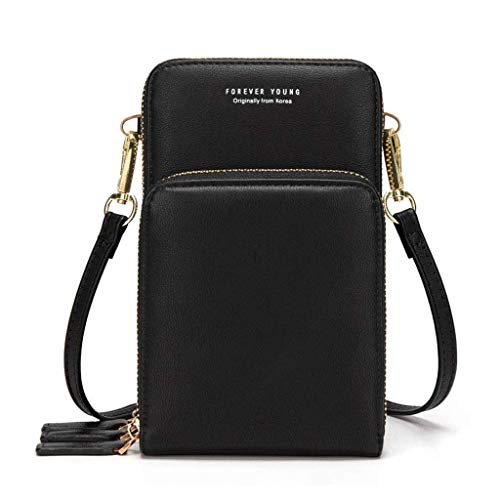 Bolso de teléfono móvil para mujer Monedero de cartera cruzada Mini bolso de teléfono celular cruzado de cuero ligero con ranuras para tarjeta de correa(Negro)