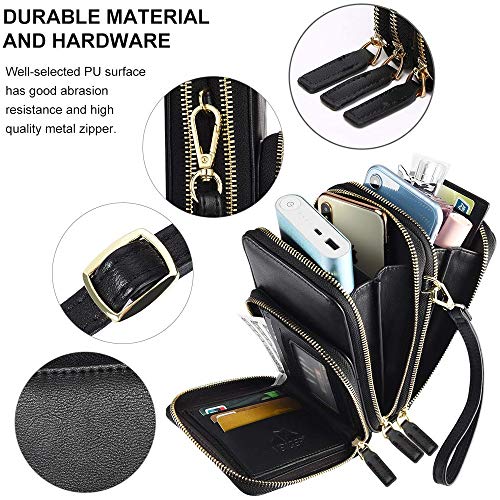 Bolso de teléfono móvil para mujer Monedero de cartera cruzada Mini bolso de teléfono celular cruzado de cuero ligero con ranuras para tarjeta de correa(Negro)