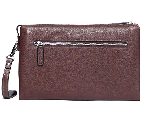 Bolsos de Mano Hombre Piel Vintage Café Carteras Mano de Cuero Retro Grande Clutch Negocios con Cremallera para iPad Tablet Tarjetero Teléfono