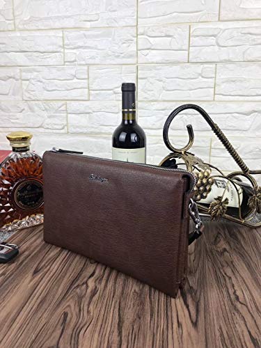 Bolsos de Mano Hombre Piel Vintage Café Carteras Mano de Cuero Retro Grande Clutch Negocios con Cremallera para iPad Tablet Tarjetero Teléfono