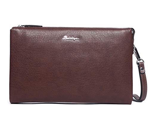 Bolsos de Mano Hombre Piel Vintage Café Carteras Mano de Cuero Retro Grande Clutch Negocios con Cremallera para iPad Tablet Tarjetero Teléfono