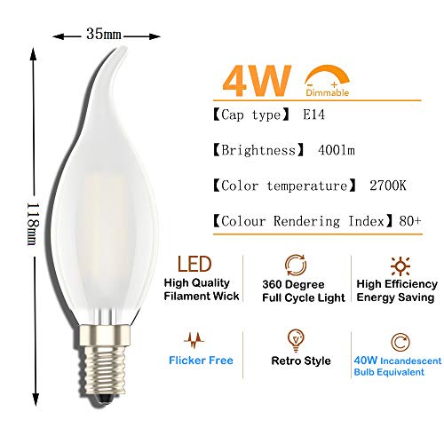 Bombillas Led E14 Luz Calida, Bombillas Vela 4W(equivalente a 40W), 400 Lúmenes, 2700K, Pack de 5