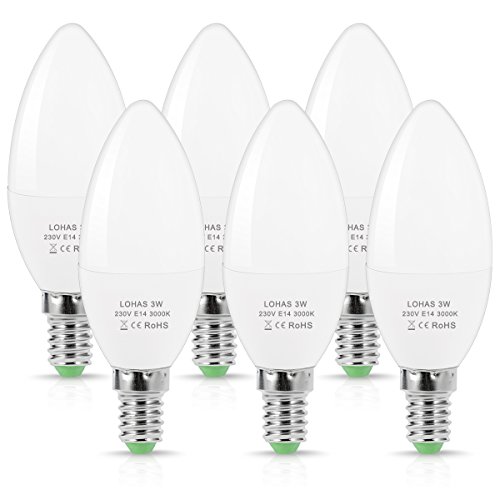 Bombillas LED Vela E14, LOHAS 3W Equivalente a 25W Lámparas Incandescente, Blanca Cálida 3000K, 250 Lúmenes, 180 ° Ángulo de Haz, Luz LED Vela, No Regulable, Paquete de 6 Unidades