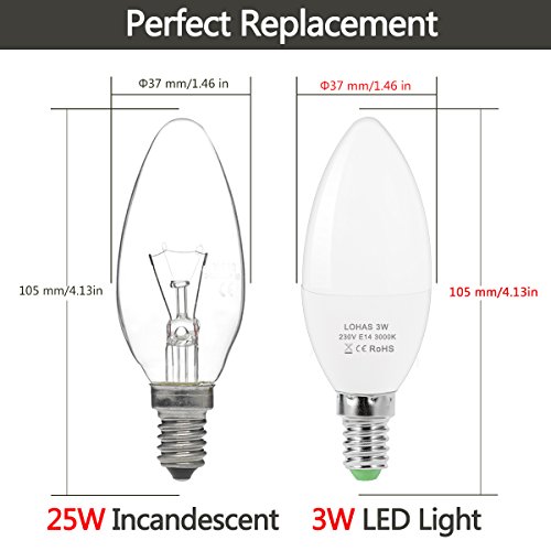 Bombillas LED Vela E14, LOHAS 3W Equivalente a 25W Lámparas Incandescente, Blanca Cálida 3000K, 250 Lúmenes, 180 ° Ángulo de Haz, Luz LED Vela, No Regulable, Paquete de 6 Unidades