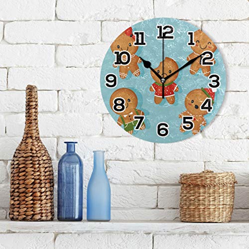 Bonie - Reloj de Pared con diseño de muñeco de Jengibre de Dibujos Animados de Navidad, de acrílico silencioso y no se retuerce, 25,4 cm, para decoración del hogar, Oficina, Escuela, Redondo, Arte