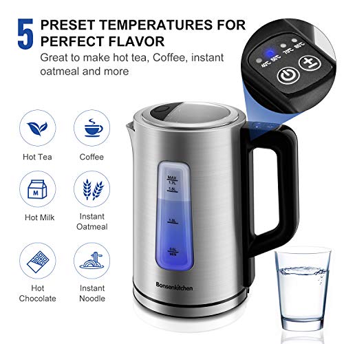 Bonsenkitchen 1.7L Hervidor de Agua con 4 con Temperatura Regulable, 2200 W y Auto Cerrado, Hervidores de Agua Electrico de Acero Inoxidable, Libre de BPA, Plata EK8902