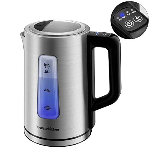 Bonsenkitchen 1.7L Hervidor de Agua con 4 con Temperatura Regulable, 2200 W y Auto Cerrado, Hervidores de Agua Electrico de Acero Inoxidable, Libre de BPA, Plata EK8902