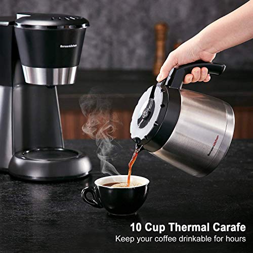 Bonsenkitchen Cafetera Goteo con Jarra de Vacío de Acero Inoxidable, 8~10 Tazas (1.2L), 800w, Cafeteras Electricas, Cafetera de Filtro Negro (CM8761 Versión Actualizada)