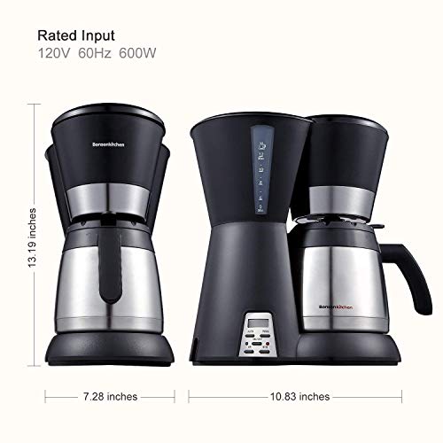 Bonsenkitchen Cafetera Goteo con Jarra de Vacío de Acero Inoxidable, 8~10 Tazas (1.2L), 800w, Cafeteras Electricas, Cafetera de Filtro Negro (CM8761 Versión Actualizada)