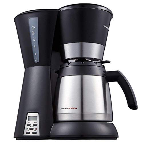 Bonsenkitchen Cafetera Goteo con Jarra de Vacío de Acero Inoxidable, 8~10 Tazas (1.2L), 800w, Cafeteras Electricas, Cafetera de Filtro Negro (CM8761 Versión Actualizada)