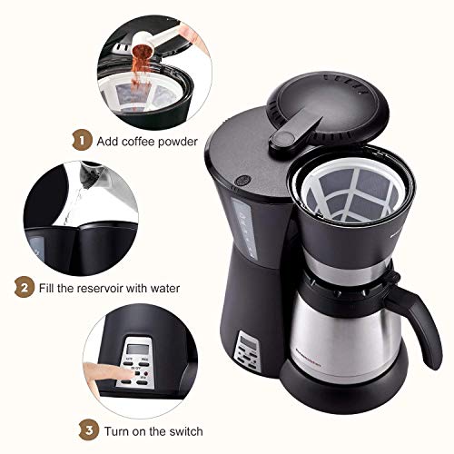 Bonsenkitchen Cafetera Goteo con Jarra de Vacío de Acero Inoxidable, 8~10 Tazas (1.2L), 800w, Cafeteras Electricas, Cafetera de Filtro Negro (CM8761 Versión Actualizada)