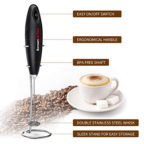 Bonsenkitchen Espumador eléctrico de mano con Soporte, Batidor de leche de Acero Inoxidable para café, café con Leche, Latte y Cappuccino, batería incluida (Negro,MF8710)