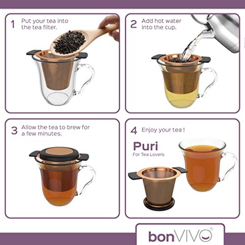 BonVIVO Puri infusor de té de acero inoxidable para té de hojas sueltas, práctico colador de té para teteras o tazas, de alta calidad y funcional, filtro de té de malla