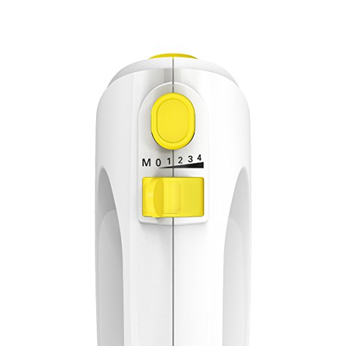 Bosch MFQ2210Y - Batidora de mano (tecnología de motor, 2 batidoras, 2 ganchos de acero inoxidable, 4 niveles de velocidad, 375 W), color blanco y amarillo intenso