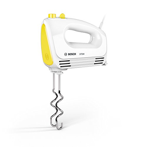 Bosch MFQ2210Y - Batidora de mano (tecnología de motor, 2 batidoras, 2 ganchos de acero inoxidable, 4 niveles de velocidad, 375 W), color blanco y amarillo intenso